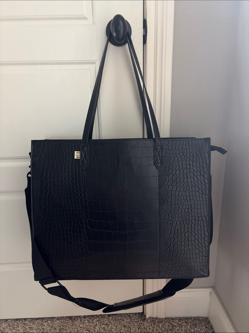 BEIS Black Croc-Embossed Laptop Tote with Detachable Strap